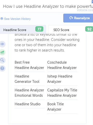 Suggestions by Headline Analyzer tool