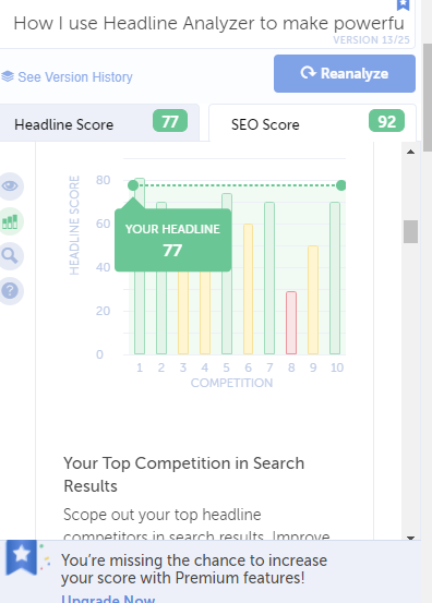 SEO score on headline Anlalyzer be coshcedule