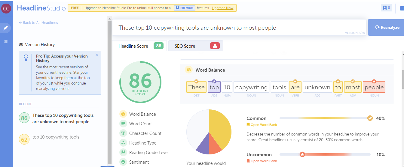 Headline analysis for the title these top 10 copywriting tools are unknown to most people